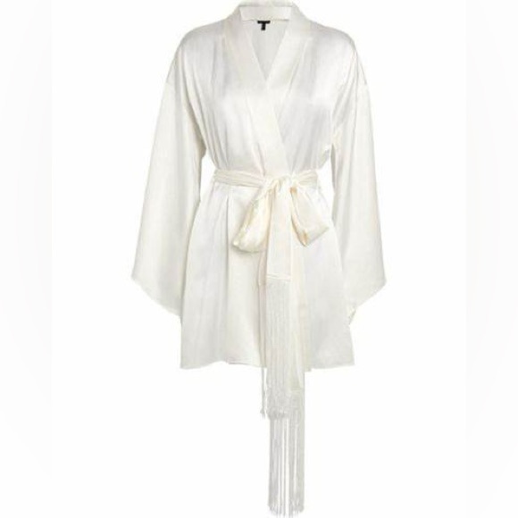 NWT! KIKI DE MONTPARNASSE Fringe Kimono Robe -Trim Silk Mini Kimono White Size M - Picture 4 of 9